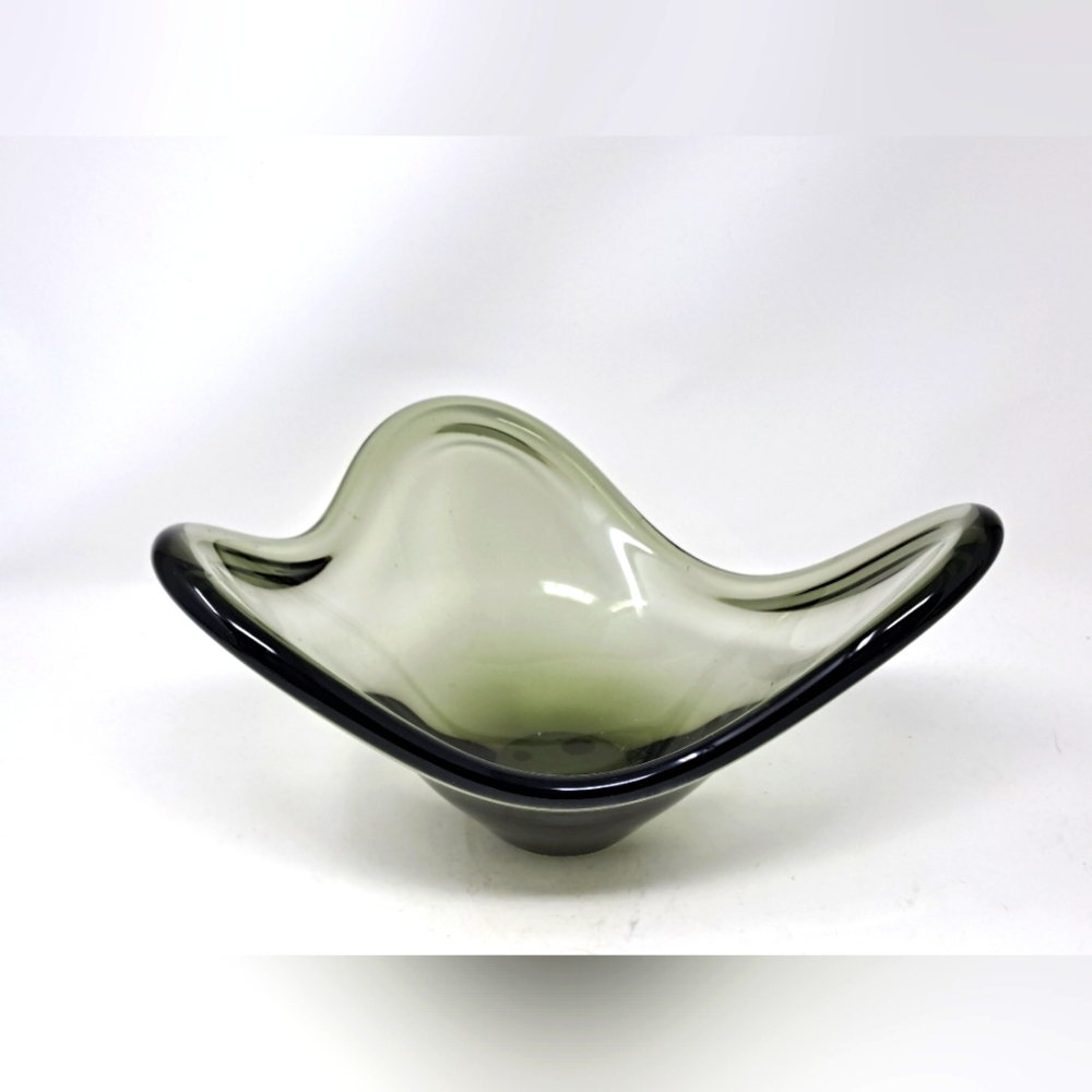 Vintage Smokey Green Art Glass Bowl Signed HolmeGaard On The Bottom